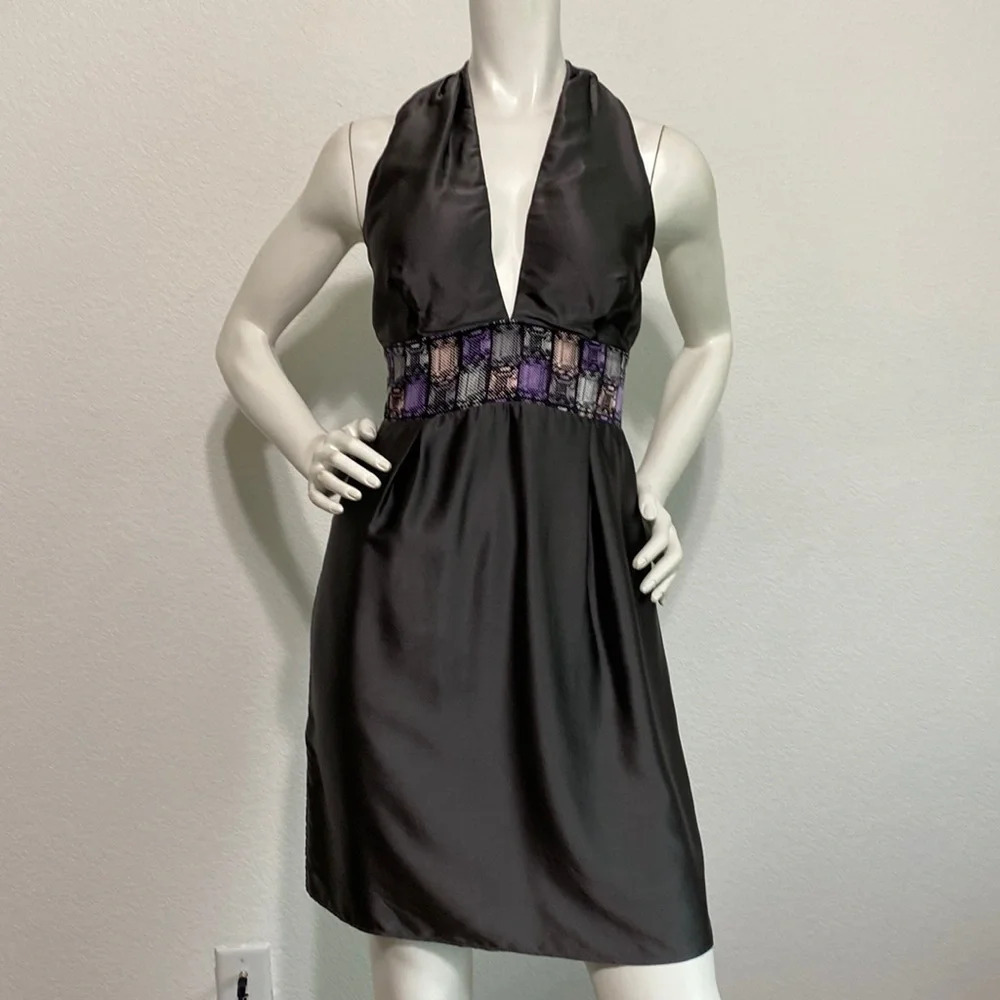 Alice & Trixie Gray 100% Silk Deep V-Neck Open Back Mini Halter Dress Size M